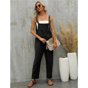 New Women's Baggy Loose Linen Overalls Jumpsuit Black